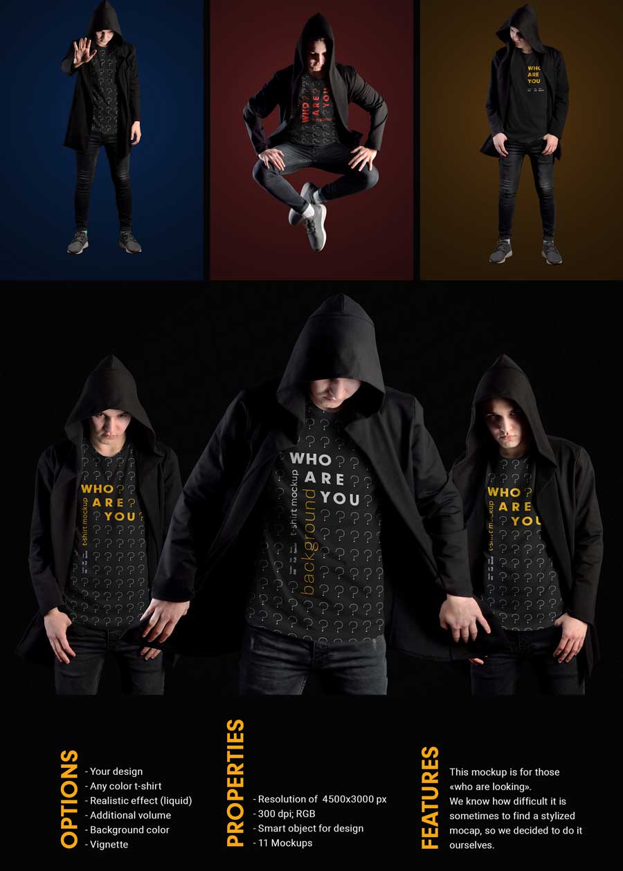 Download 11 Mockups Man T-Shirts in a Black Hood Mantle - Free PSD ...