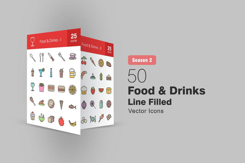 50 Food 2526 Drinks Filled Line Icons Season II