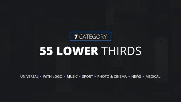 Description: 55 Lower thirds [7 category] - 11 Universal - 19 Universal (with logo) - 5 Sport - 5 Music - 5 Medical - 5 Photo & Cinema - 5 News (Media) 100 After Effects (Shapes Lines) Full control (Text, Logo, Color and Duration) Full HD Resolutions (but upgrade all size) Tutorial included Used fonts included (free download link)