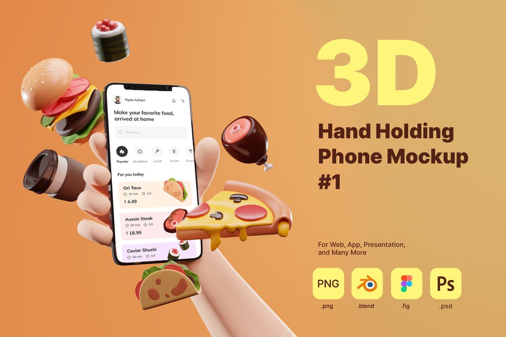 3D Hand Holding Phone Mockup for Food Industry