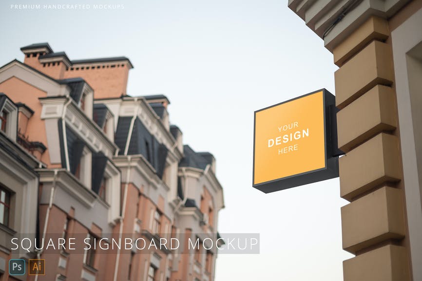 Square Signboard Real Street Logo Mockup