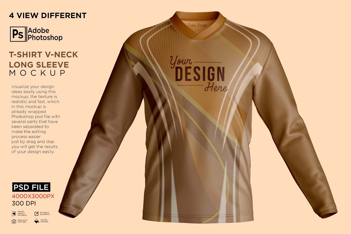 CreativeMarket - T-Shirt V-Neck Long Sleeve Mockup 7234903