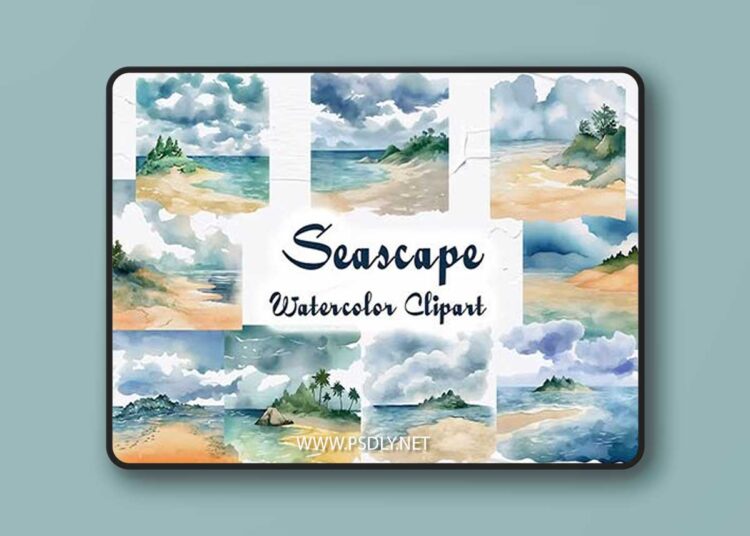 Seascape Watercolor Clipart, Beach clipart 1 Seascape Watercolor Clipart Beach clipart